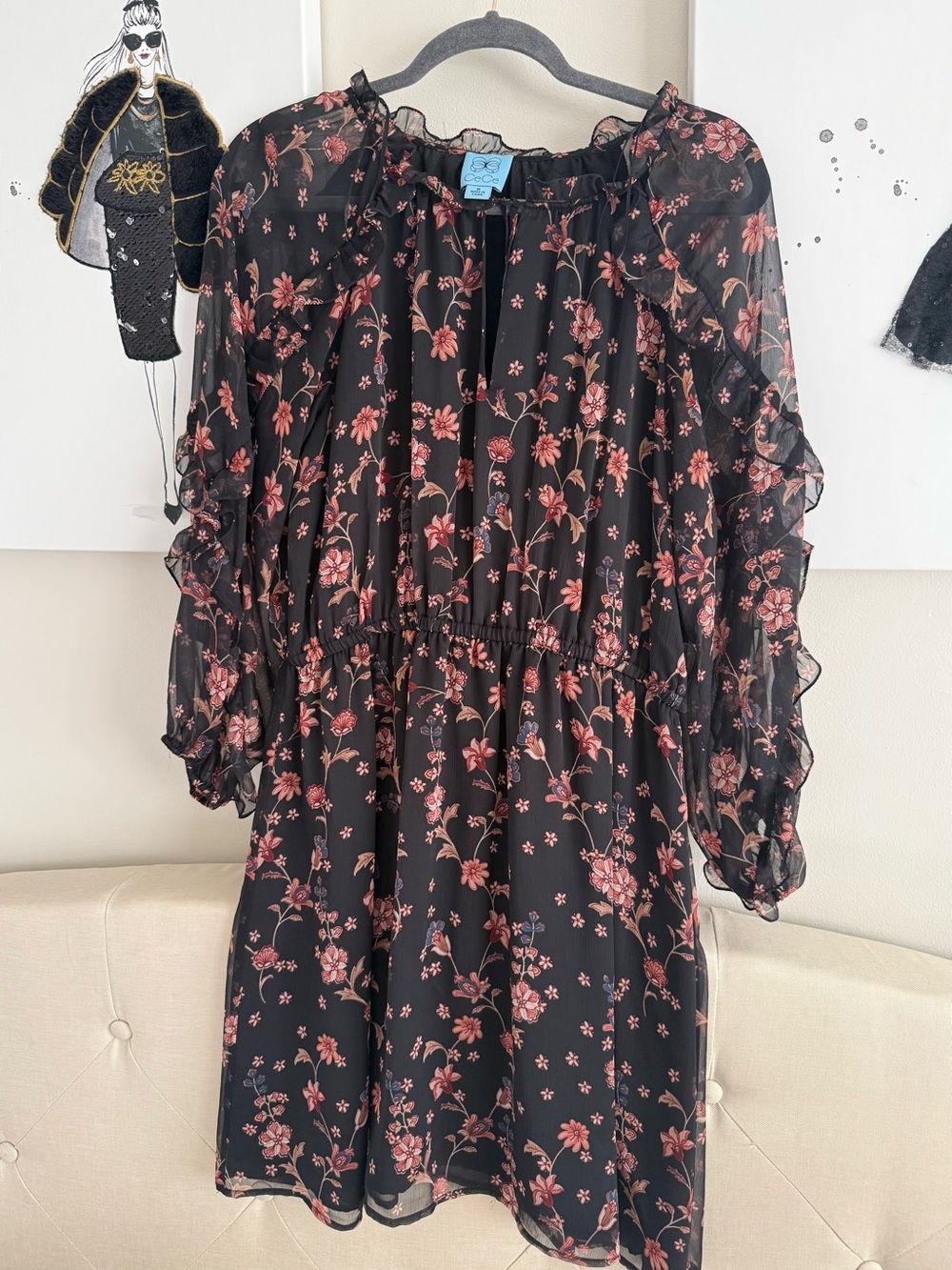 Women’s Black Floral Ruffle Dress with Pink Print